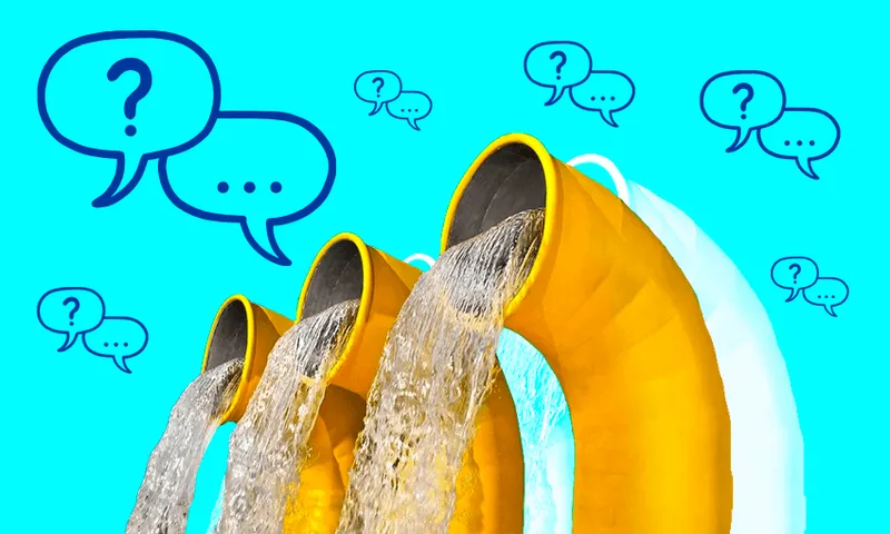 three yellow pipes with water coming out of them, on a blue background with speech bubbles containing question marks and ellipses