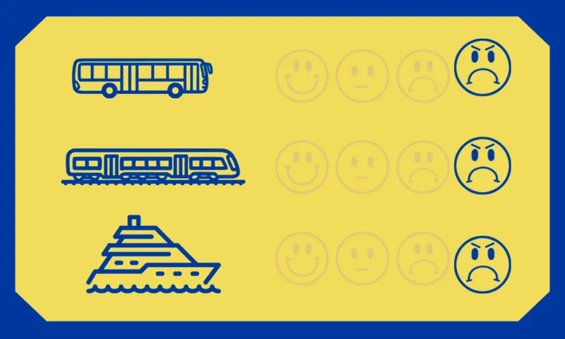 bus, train and ferry illustrations with frowning face emojis next to all three