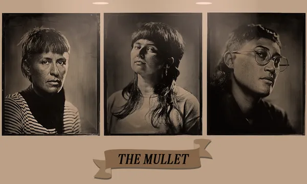 Three tintype portraits of people with mullets with a sign saying 'the mullet' underneath as if at a museum
