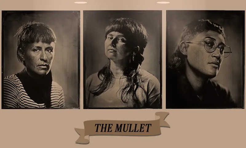 Three tintype portraits of people with mullets with a sign saying 'the mullet' underneath as if at a museum