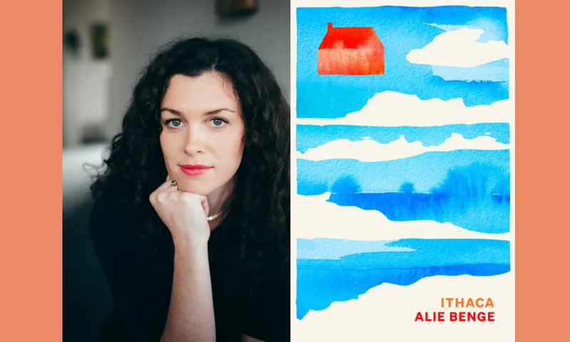 Photograph of the writer Alie Benge beside cover of her book Ithaca.