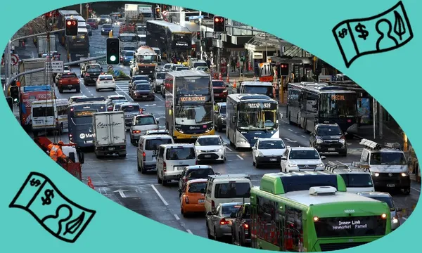traffic queued up on Queen St, against a green background with money floating around