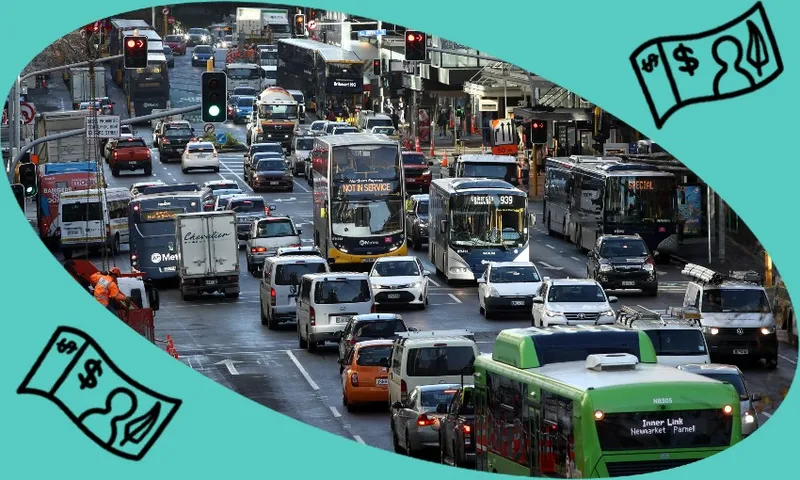 traffic queued up on Queen St, against a green background with money floating around