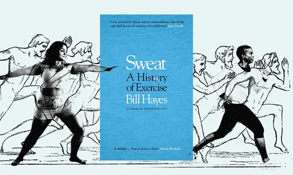 the book cover of Sweat, blue with serif writing, with an ancient greek illustrated frieze and also a woman doing yoga superimposed