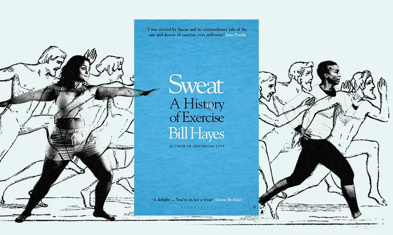 the book cover of Sweat, blue with serif writing, with an ancient greek illustrated frieze and also a woman doing yoga superimposed