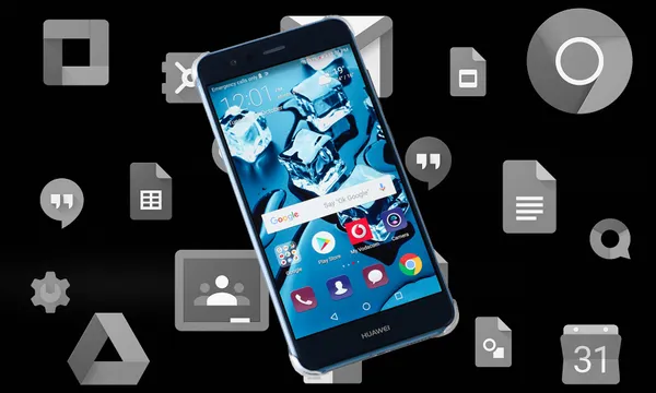 a black and white background of different app backgrounds with a olourful phone in front