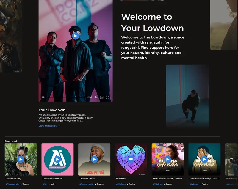 the lowdown website screenshot - lots of videos to play in different topics and a vertical video in the fron of three young people in moody blue and white lighting.