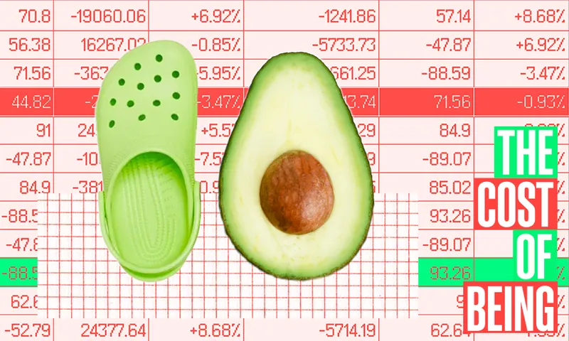 red and green cost of being background with a croc shoe and avocado next to each other