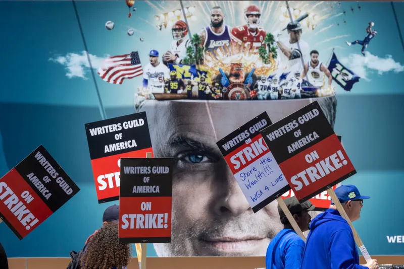 People picket outside of FOX Studios on the first day of the Hollywood writers strike