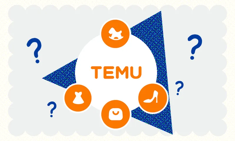 a blue trinagle with a Temu logo with orange icons of a high heel, dress, purse and rocking horse