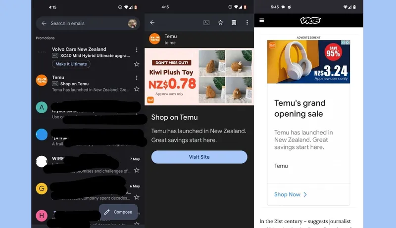 three screenshots from Shanti's android phone showing Temu ads of various flavours emphasising that it's a sale