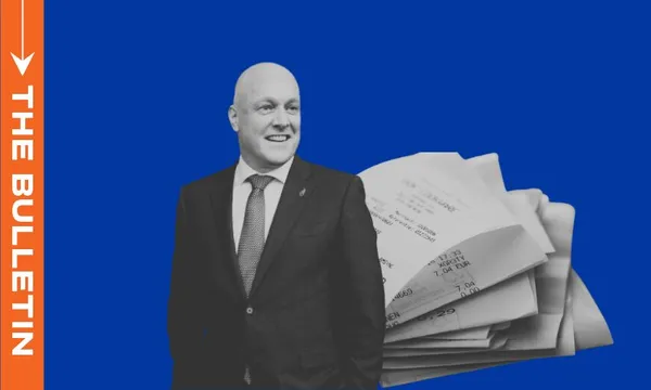 Opposition leader Christopher Luxon next to a pile of paper receipts on a blue background