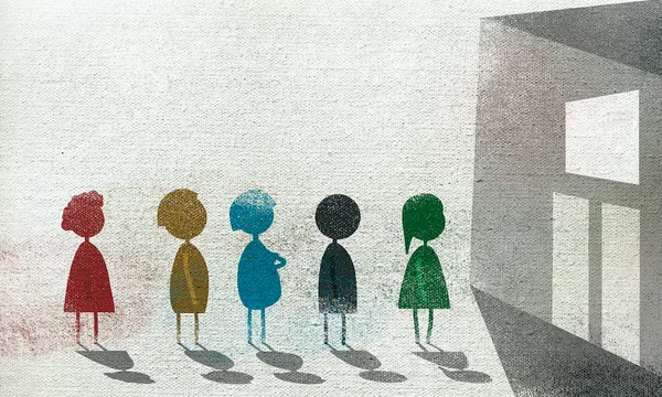 Illustration of children standing in queue by school building representing education