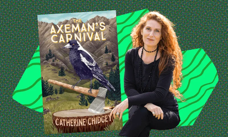 A photo of Catherine Chidgey who has long red hair and is wearing a black dress, beside the cover of her novel The Axeman's Carnival which features a magpie called Tama.