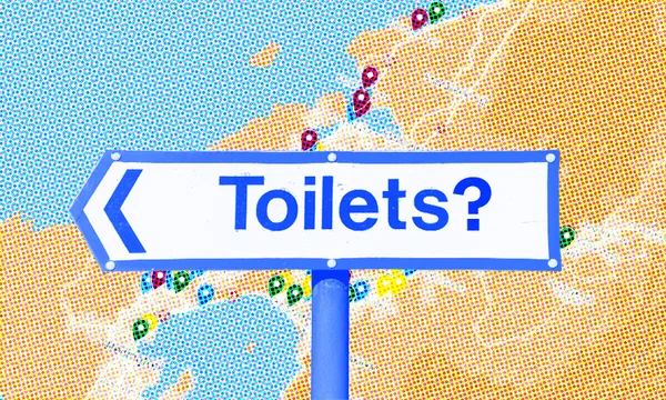 a map of public toilets around Wellington train stations with a "toilets?" sign overlaid