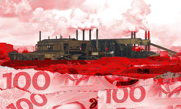 a factory with smoking towers, with $100 overlaid and a red colour wash