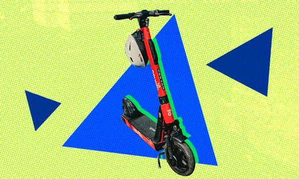 a funky geometric blue and yellow background with an orange escooter outlined in green in the centre