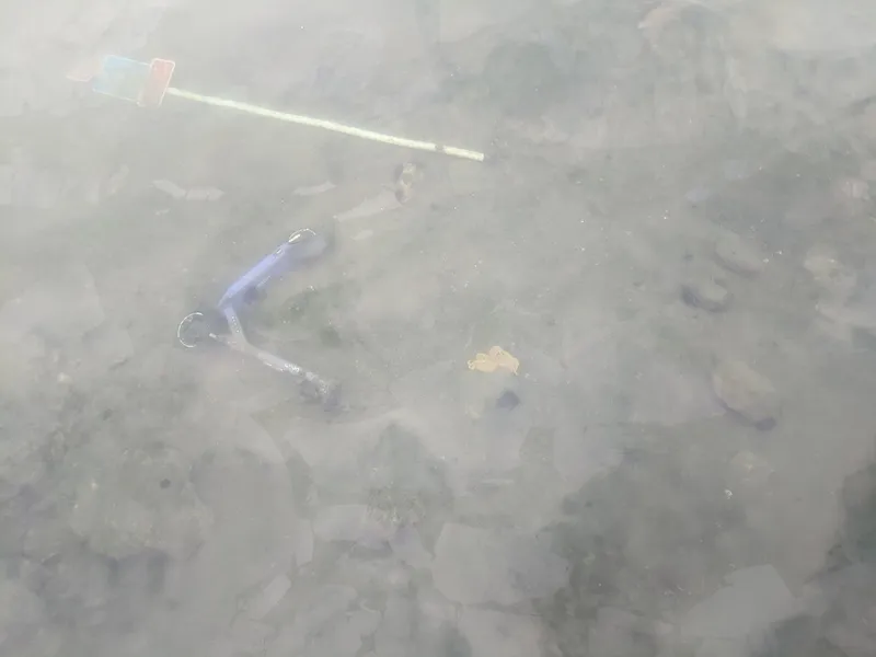 grey glassy water surface and a sad looking purple Beam escooter lying askew underwater