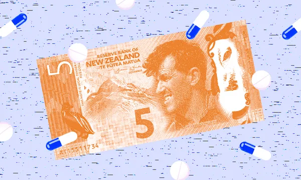 a $5 note on a blue background, with blue and white capsules dotted around