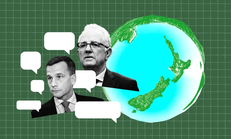 a green background with a globe shape showing only New Zealand. in front, there are MPs David Seymour and Greg O'Connor and lots of speechmarks to show it's not just them saying all of this