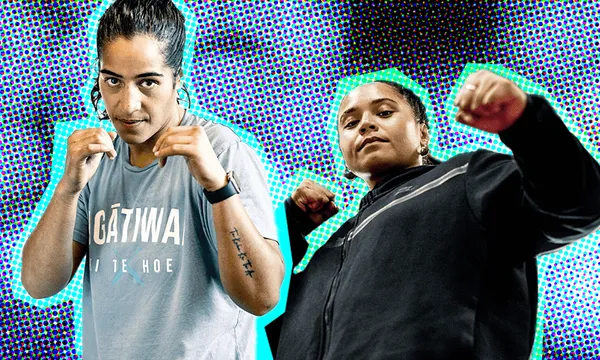 two women in boxing stances with green outlines around them against a pixellated blue background