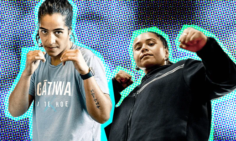 two women in boxing stances with green outlines around them against a pixellated blue background