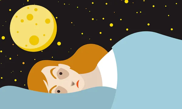 Woman sleeping problems, nightmare, insomnia symptoms. Flat illustration with full moon.