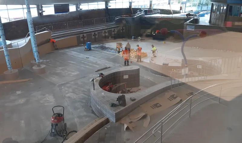 West Wave is being resurfaced as the pool's flood recovery continues.