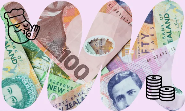squiggly cash of 100 50 and 5 dollar notes in a pile