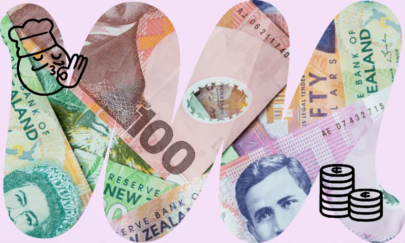 squiggly cash of 100 50 and 5 dollar notes in a pile