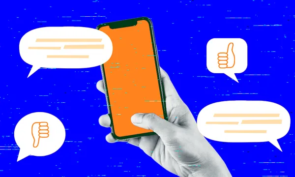 a blue background with a hand holding a phone with some thumbs up and thumbs down around it