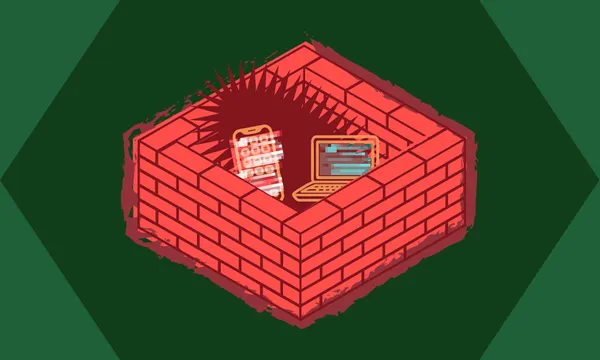 a red brick wall with a computer inside and a phone. like a jail for phones