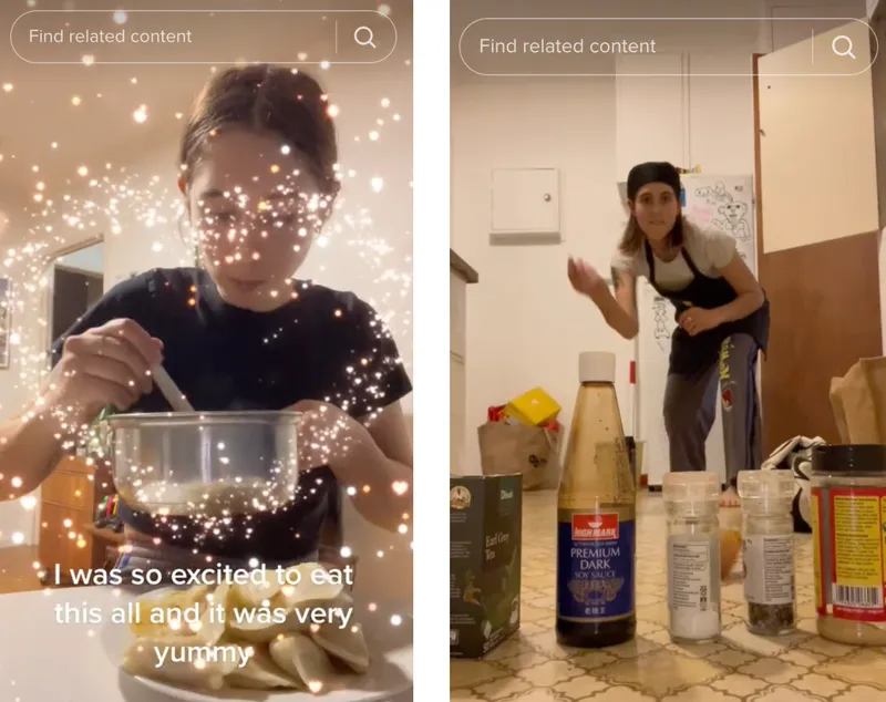 Screenshots from TikTok show Fudgeywudgeychef eating dumplings with a sparkly effect added to the video. The other screenshot shows Fudgeywudgeychef standing behind a lineup of Earl grey tea bags, soy sauce, salt and pepper and nutritional yeast on the kitchen floor as she lobs an onion at them.