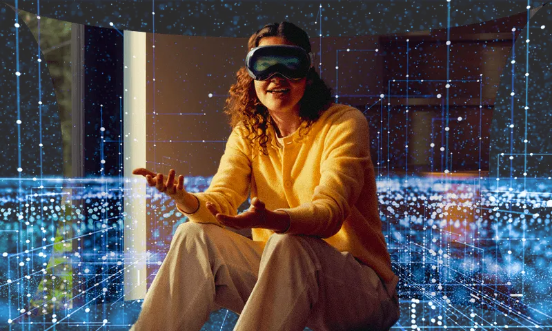 A woman wears Apple new headset, the Vision Pro.