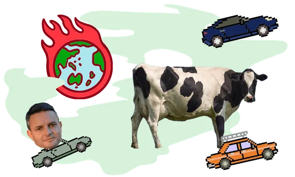 a green background with a planet on fire, a cow, and some cars