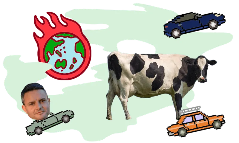 a green background with a planet on fire, a cow, and some cars