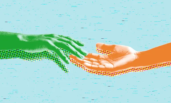 Two hands reaching out towards each other against a blue background