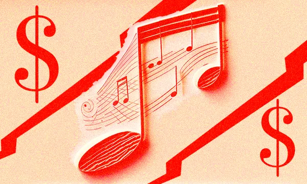 red musical note and dollar signs against a peach background with large red cracks running across