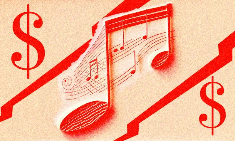 red musical note and dollar signs against a peach background with large red cracks running across
