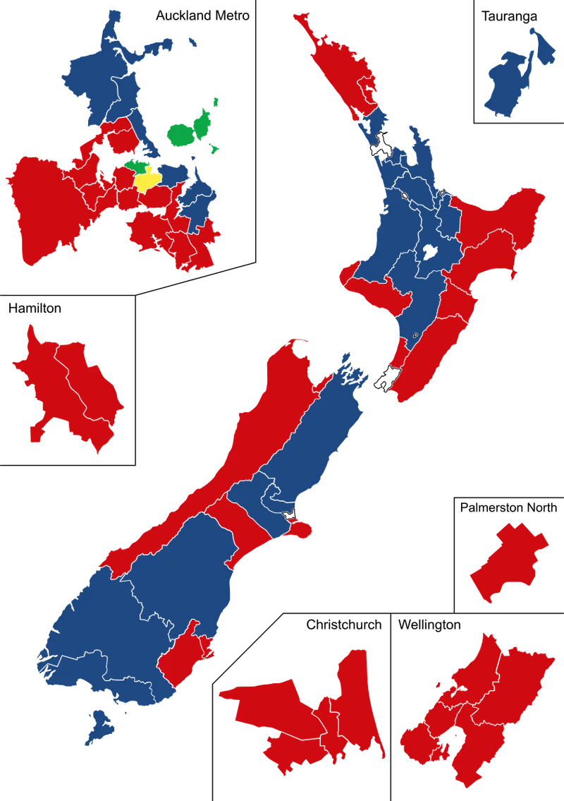 A map of the New Zealand general electorates, including which party won each contest in 2020.