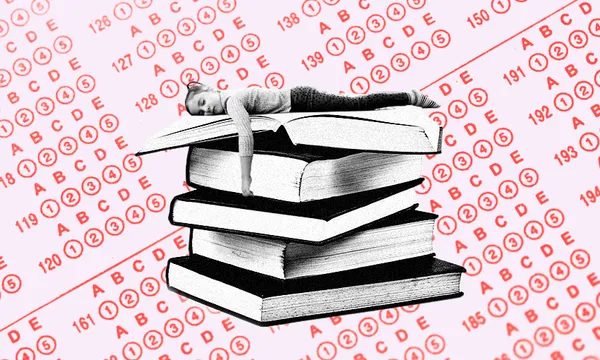 girl asleep on top of a pile of books, test paper background