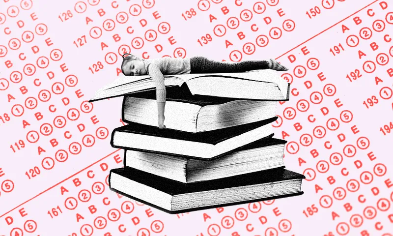 girl asleep on top of a pile of books, test paper background