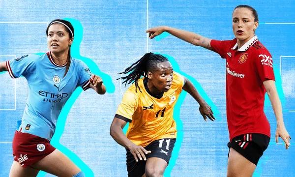 women wearing snazzy football kit on a blue background