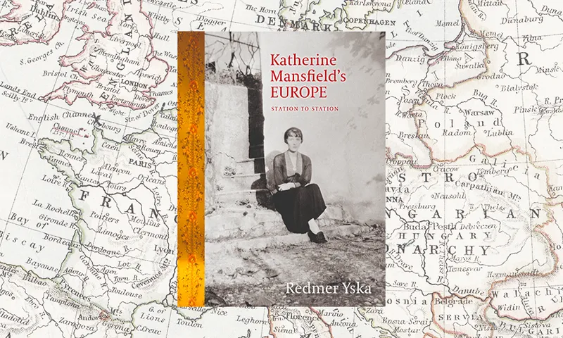 the cover of Katherine Mansfield's Europe, on a backdrop on an old European map