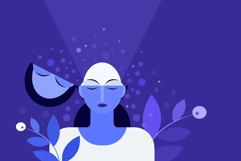 Conceptual illustration of beam of light is thrown out from a meditating woman's partially opened skull
