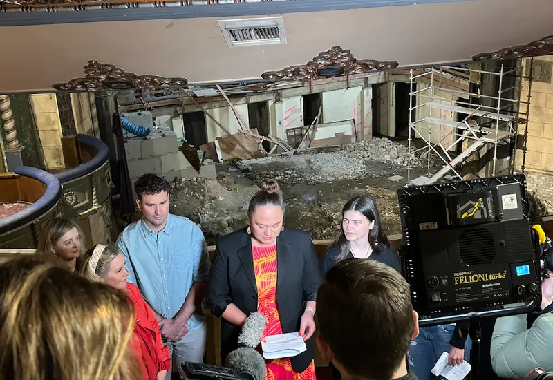 Carmel Sepuloni under a mouldy vent in the St James theatre.
