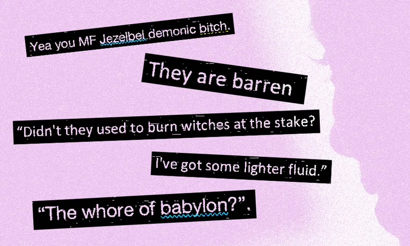 Black quotes of violent misogynistic abuse against a pink background with a woman's face silhouetted