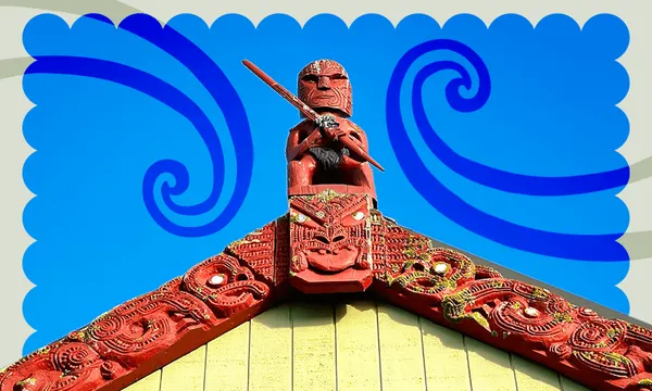 The tekoteko of a marae against a blue background with koru designs added and a scalloped border