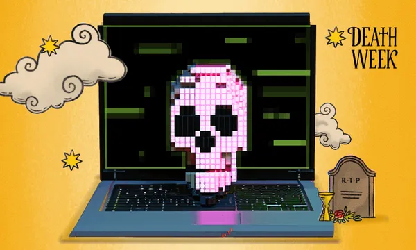 a pixealated skull on a laptop with "death week' in the background