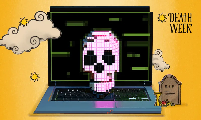 a pixealated skull on a laptop with "death week' in the background
